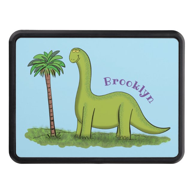 Cute happy green brontosaurus dinosaur cartoon hitch cover (Front)