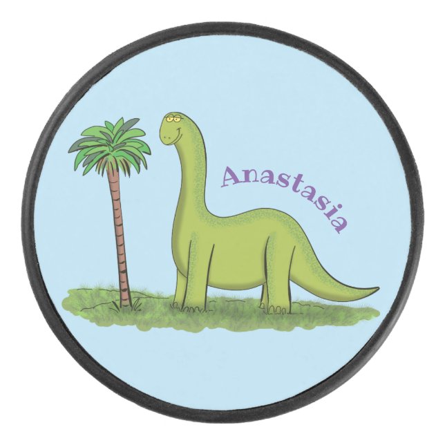 Cute happy green brontosaurus dinosaur cartoon hockey puck (Front)