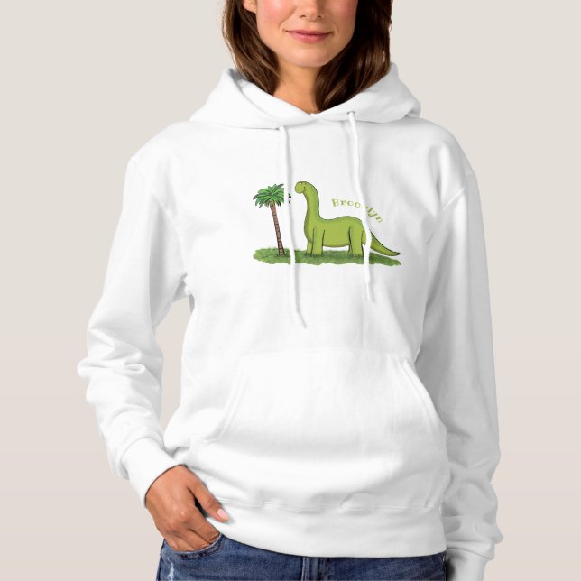 Cute happy green brontosaurus dinosaur cartoon hoodie (Front)