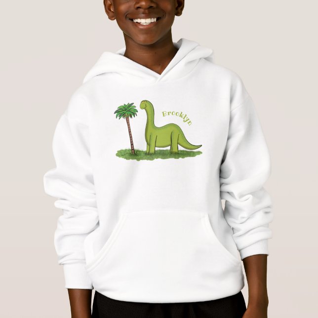 Cute happy green brontosaurus dinosaur cartoon hoodie (Front)