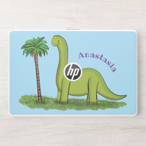 Cute happy green brontosaurus dinosaur cartoon HP laptop skin