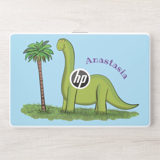 Cute happy green brontosaurus dinosaur cartoon HP laptop skin (Front)