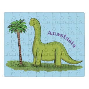 Cute happy green brontosaurus dinosaur cartoon jigsaw puzzle
