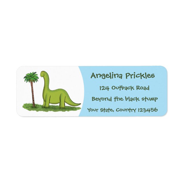 Cute happy green brontosaurus dinosaur cartoon label (Front)