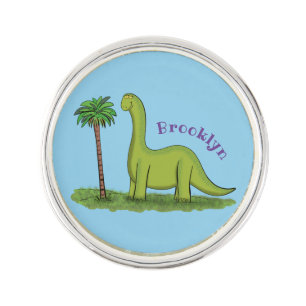 Cute happy green brontosaurus dinosaur cartoon lapel pin