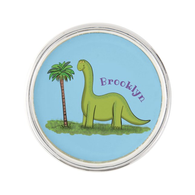 Cute happy green brontosaurus dinosaur cartoon lapel pin (Front)
