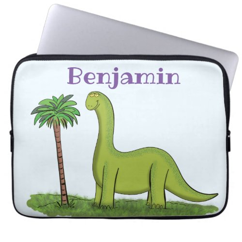 Cute happy green brontosaurus dinosaur cartoon laptop sleeve