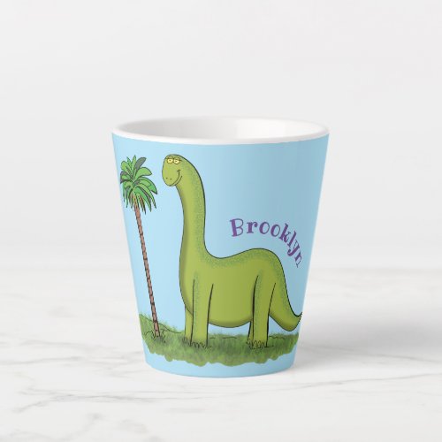 Cute happy green brontosaurus dinosaur cartoon latte mug