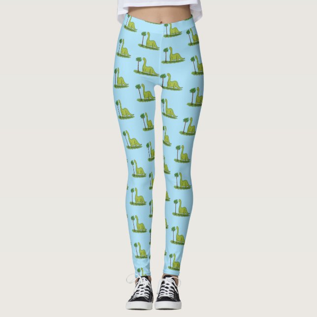 Cute happy green brontosaurus dinosaur cartoon leggings (Front)