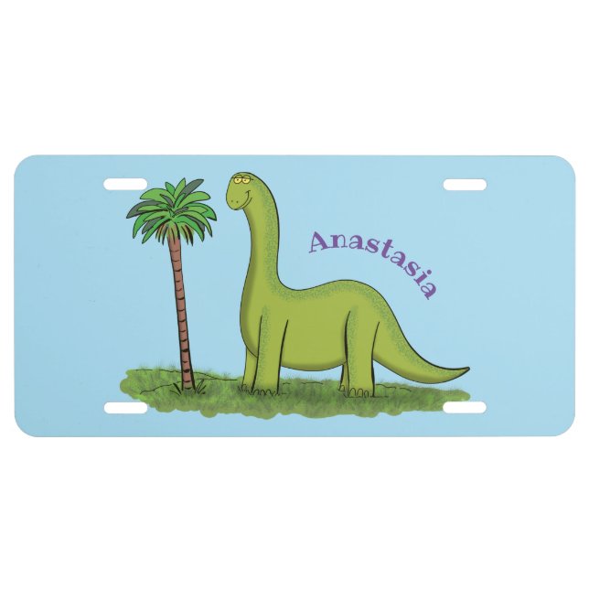 Cute happy green brontosaurus dinosaur cartoon license plate (Front)
