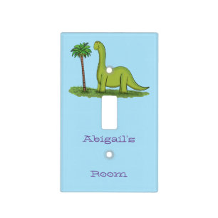 Cute happy green brontosaurus dinosaur cartoon light switch cover
