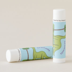 Cute happy green brontosaurus dinosaur cartoon lip balm