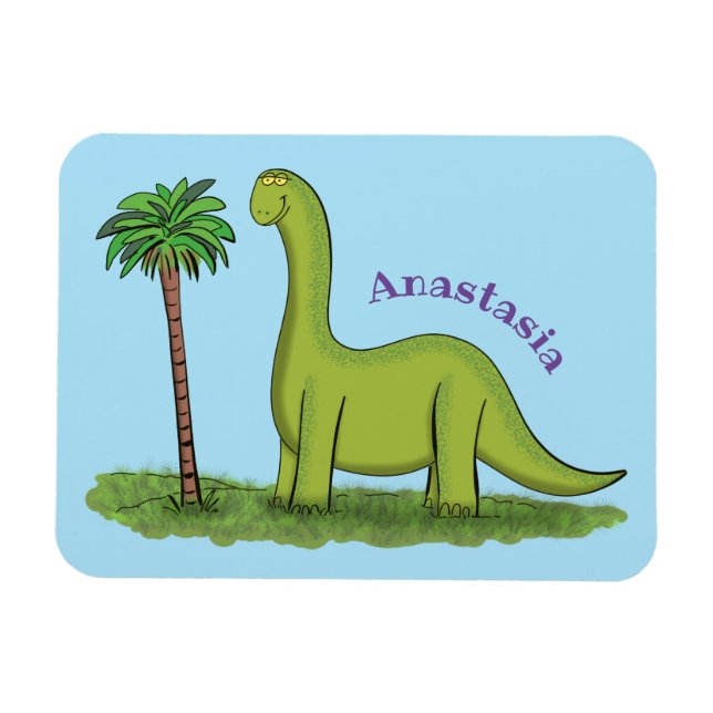 Cute happy green brontosaurus dinosaur cartoon magnet (Horizontal)