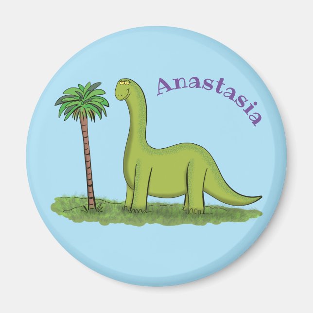Cute happy green brontosaurus dinosaur cartoon magnet (Front)