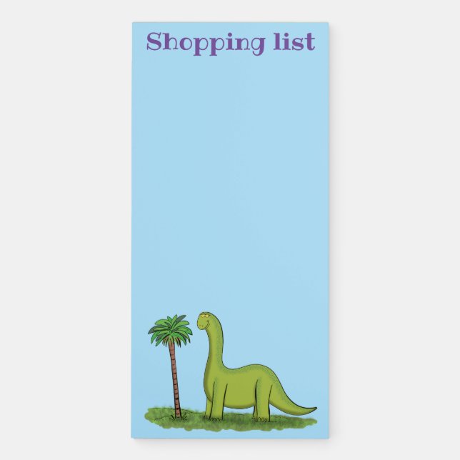 Cute happy green brontosaurus dinosaur cartoon magnetic notepad (Front)