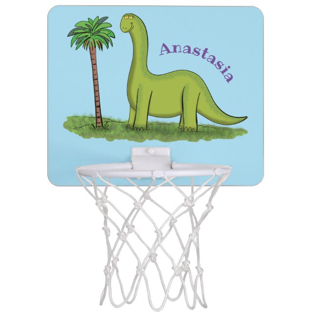 Cute happy green brontosaurus dinosaur cartoon mini basketball hoop (Front)