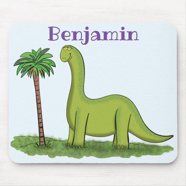 Cute happy green brontosaurus dinosaur cartoon mouse pad (Front)