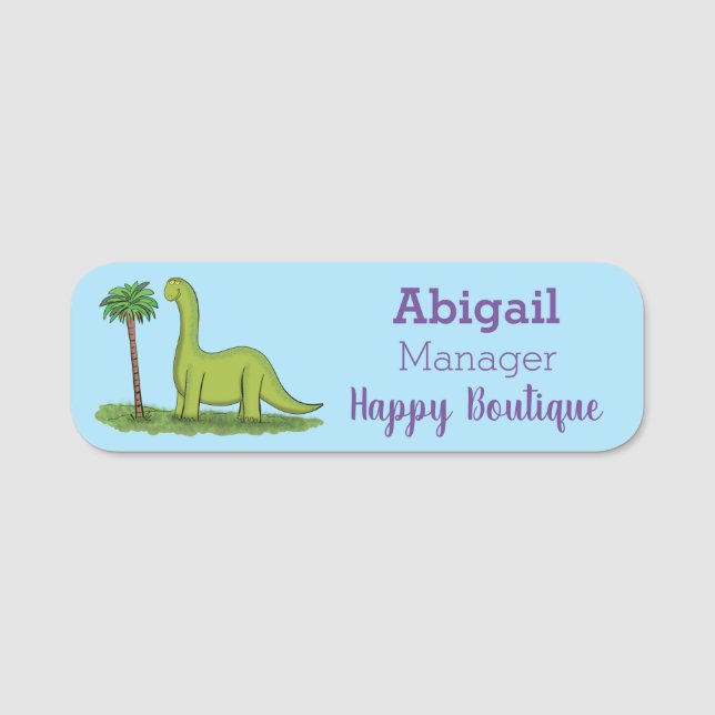 Cute happy green brontosaurus dinosaur cartoon name tag (Front)