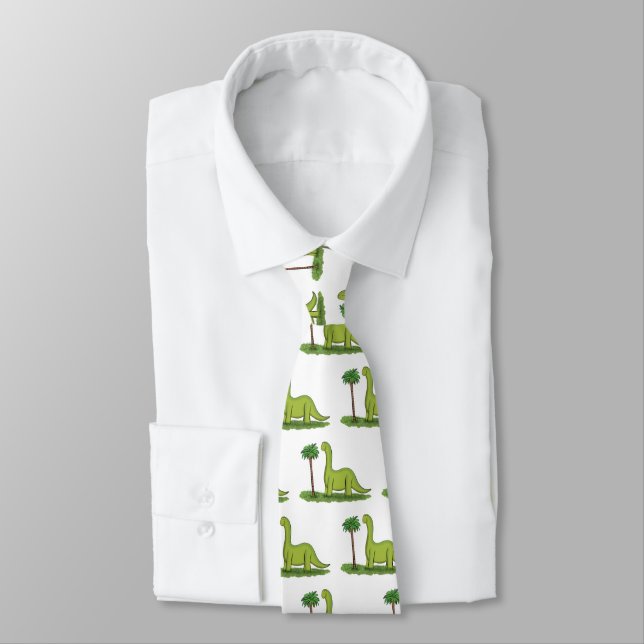 Cute happy green brontosaurus dinosaur cartoon neck tie (Tied)
