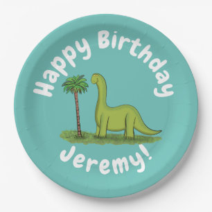 Cute happy green brontosaurus dinosaur cartoon paper plates