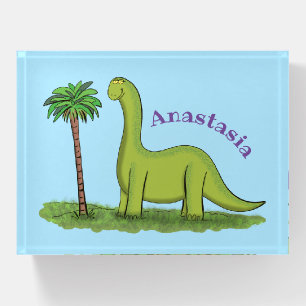 Cute happy green brontosaurus dinosaur cartoon paperweight