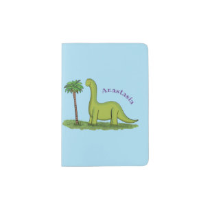 Cute happy green brontosaurus dinosaur cartoon passport holder