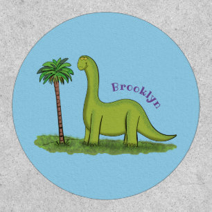 Cute happy green brontosaurus dinosaur cartoon patch