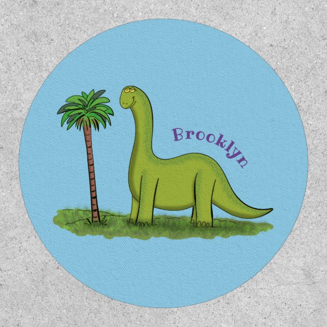 Cute happy green brontosaurus dinosaur cartoon patch (Front)
