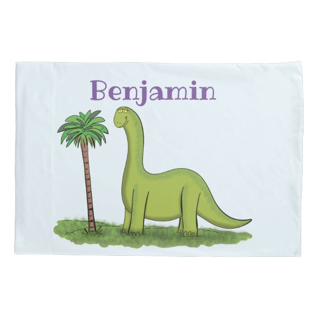 Cute happy green brontosaurus dinosaur cartoon pillow case (Back)