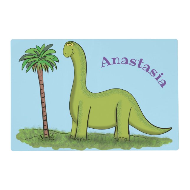 Cute happy green brontosaurus dinosaur cartoon placemat (Front)