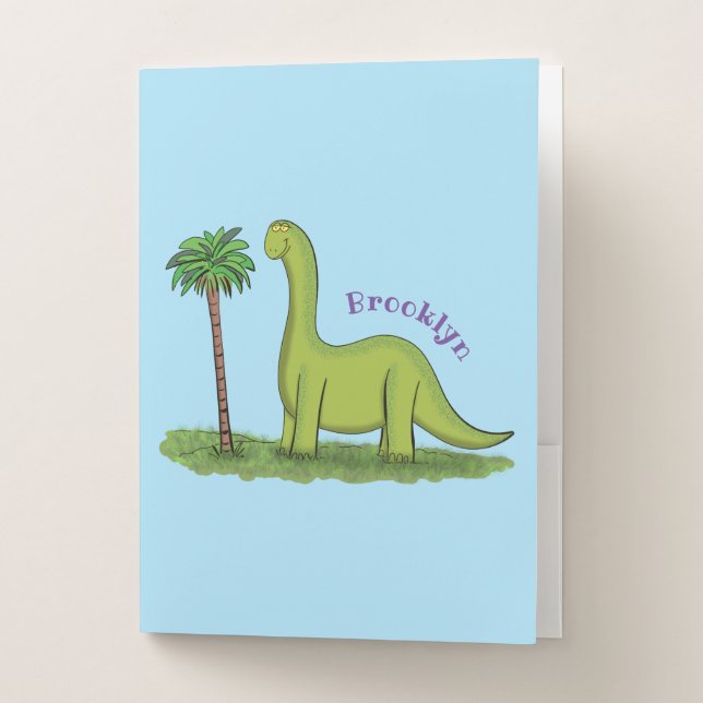 Cute happy green brontosaurus dinosaur cartoon pocket folder (Front)