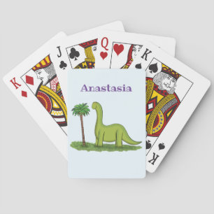 Cute happy green brontosaurus dinosaur cartoon poker cards