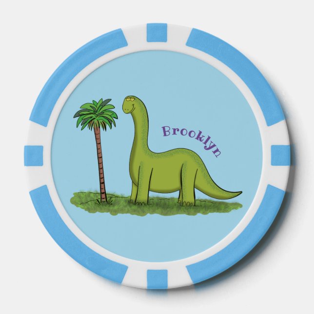 Cute happy green brontosaurus dinosaur cartoon poker chips (Front)