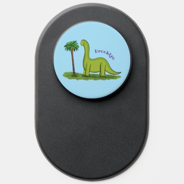 Cute happy green brontosaurus dinosaur cartoon PopSocket (Popsocket)