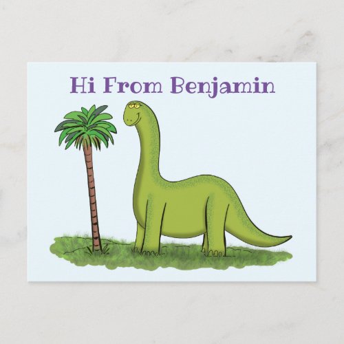 Cute happy green brontosaurus dinosaur cartoon postcard