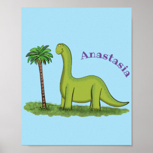 Cute happy green brontosaurus dinosaur cartoon poster