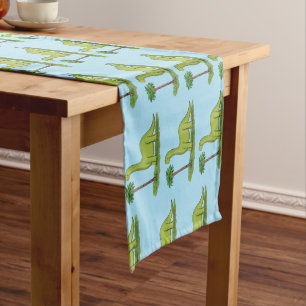 Cute happy green brontosaurus dinosaur cartoon short table runner