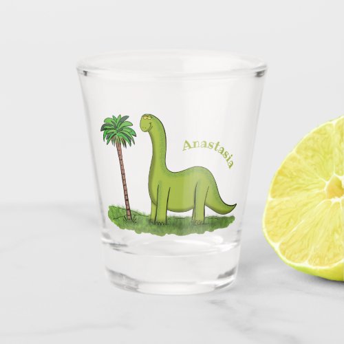 Cute happy green brontosaurus dinosaur cartoon  shot glass