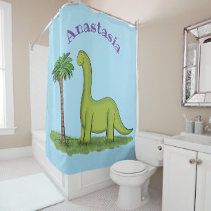 Cute happy green brontosaurus dinosaur cartoon shower curtain