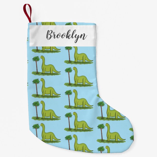 Cute happy green brontosaurus dinosaur cartoon small christmas stocking (Front)