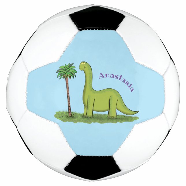 Cute happy green brontosaurus dinosaur cartoon soccer ball (Front)