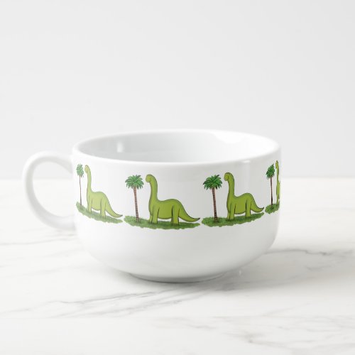 Cute happy green brontosaurus dinosaur cartoon soup mug