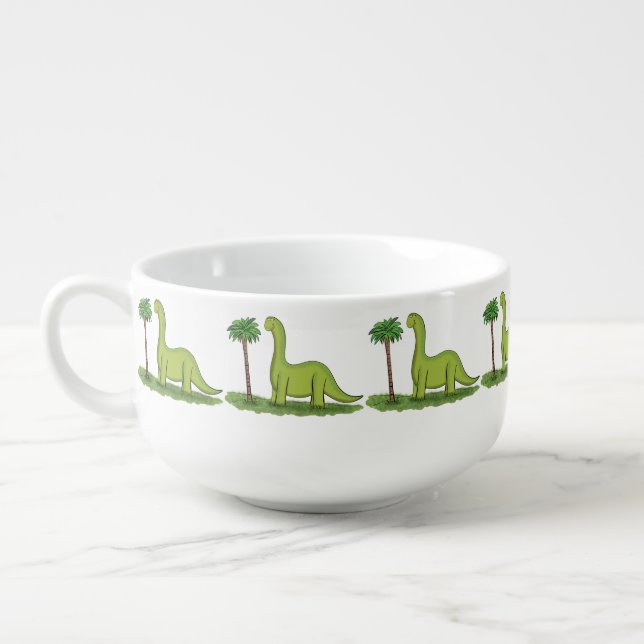 Cute happy green brontosaurus dinosaur cartoon soup mug (Right)