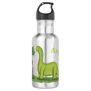 Cute happy green brontosaurus dinosaur cartoon stainless steel water bottle