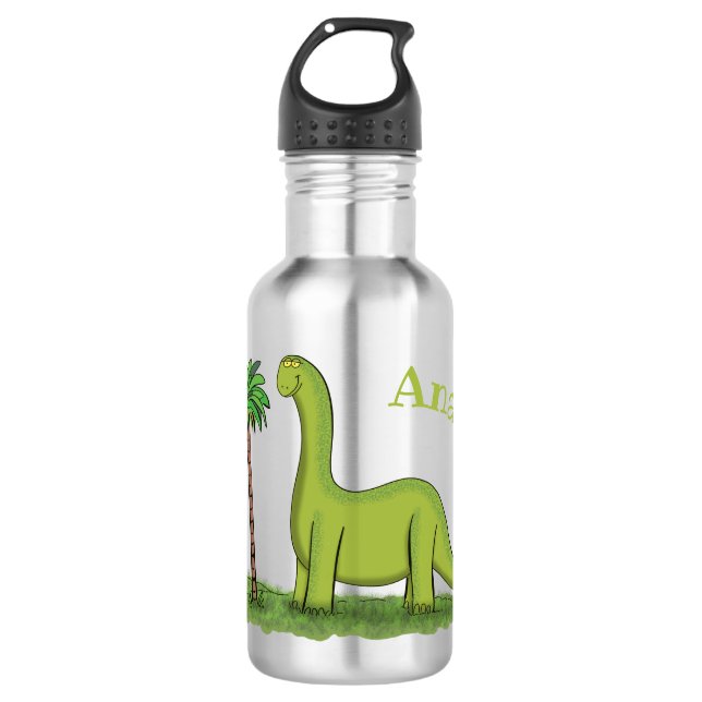 Cute happy green brontosaurus dinosaur cartoon stainless steel water bottle (Front)