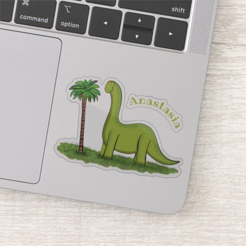 Cute happy green brontosaurus dinosaur cartoon sticker