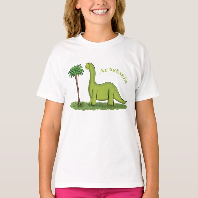 Cute happy green brontosaurus dinosaur cartoon T-Shirt (Front)
