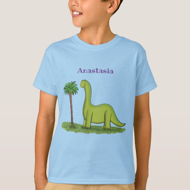 Cute happy green brontosaurus dinosaur cartoon T-Shirt (Front)