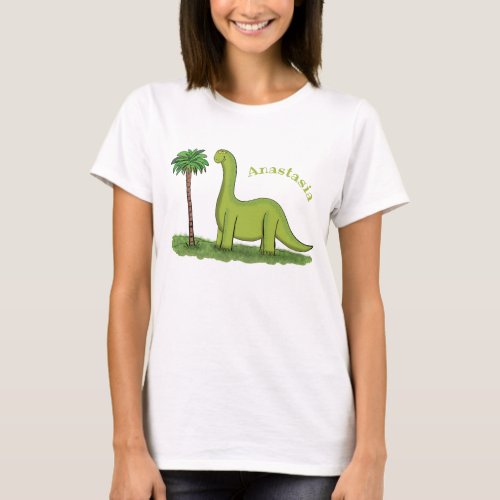 Cute happy green brontosaurus dinosaur cartoon T_Shirt