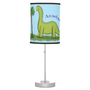 Cute happy green brontosaurus dinosaur cartoon table lamp